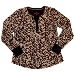 Betsey Johnson Henley Leopard Pajama Sleep Shirt Top Sz M 90s Chic Lounge Casual
